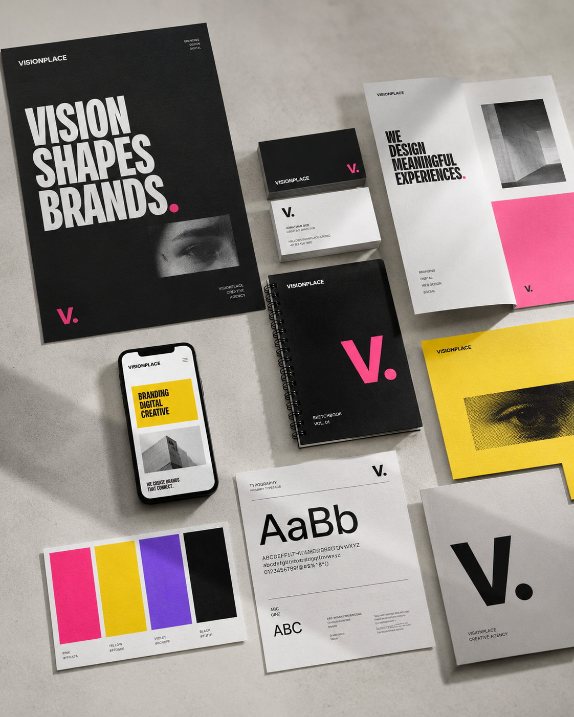 VISIONPLACE brand identity system with printed matter, typography, mobile interface and colour studies