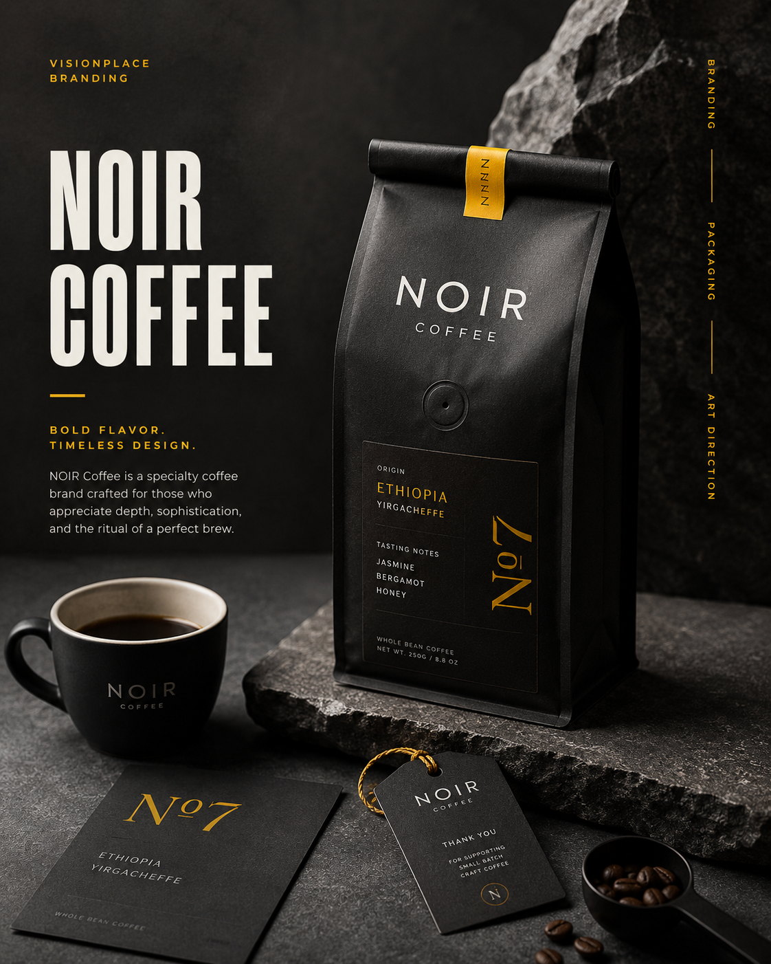 Premium NOIR Coffee packaging system presented in a dark editorial still life with yellow accents