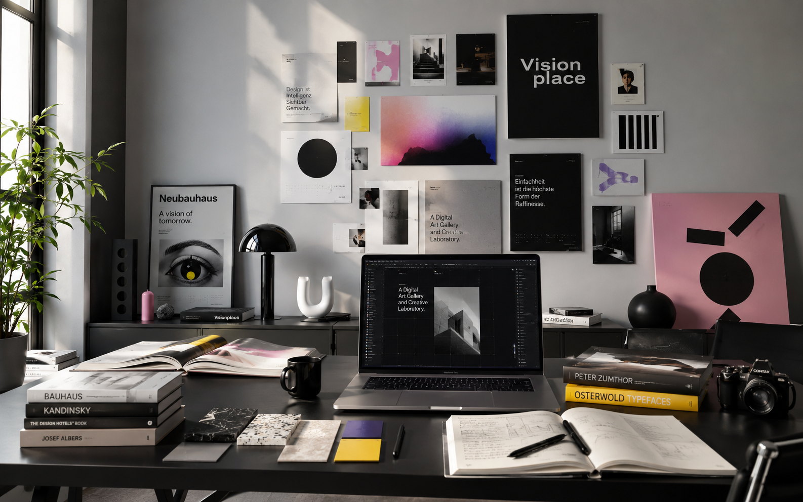 Creative director workspace with visual references, layout studies, materials and an active design system