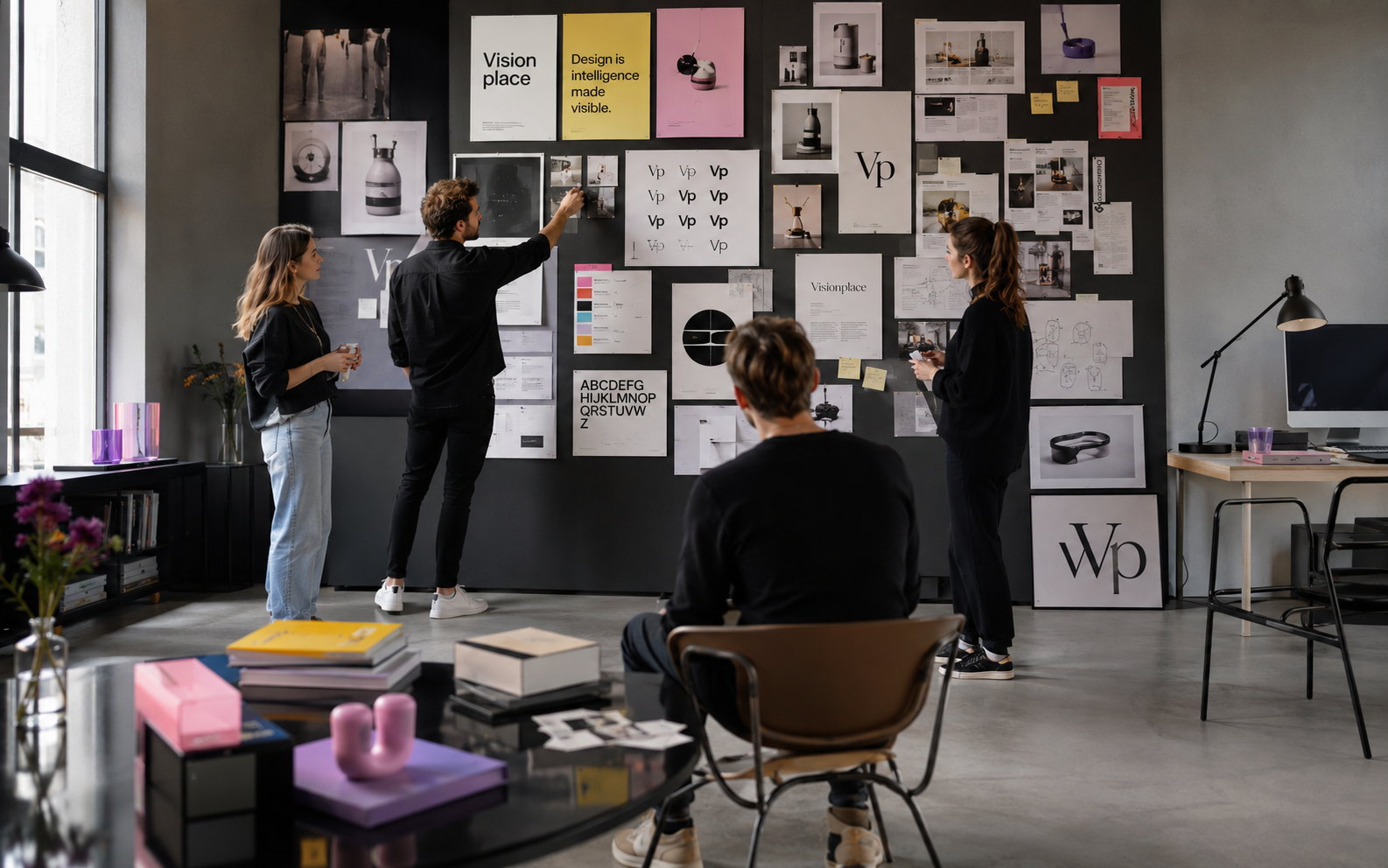 VISIONPLACE creative team reviewing typography, packaging and art direction on a working studio wall